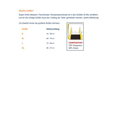 Größetabelle Super Ortho Neopren Thermohose / Kompressionshose