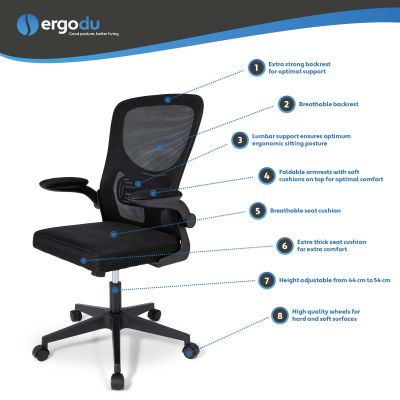 Ergonomischer Bürostuhl mit klappbaren Armlehnen USPs
